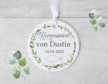 süßer Erinnerungsanhänger Keramik Kommunion Taufe Firmung Konfirmation Kranz Eukalyptus personalisiert von Lüttentüddel®